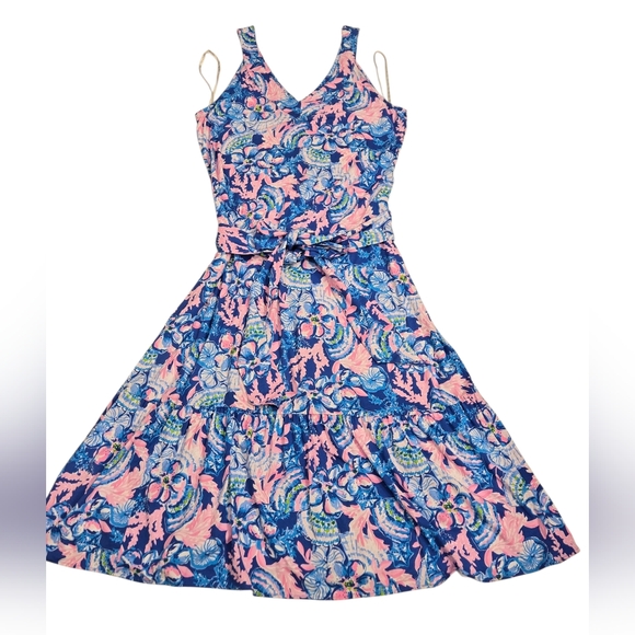 Lilly Pulitzer NWOT Madsen V-Neck Blue Tang Sitting Seaside Midi Dress - Picture 3 of 6